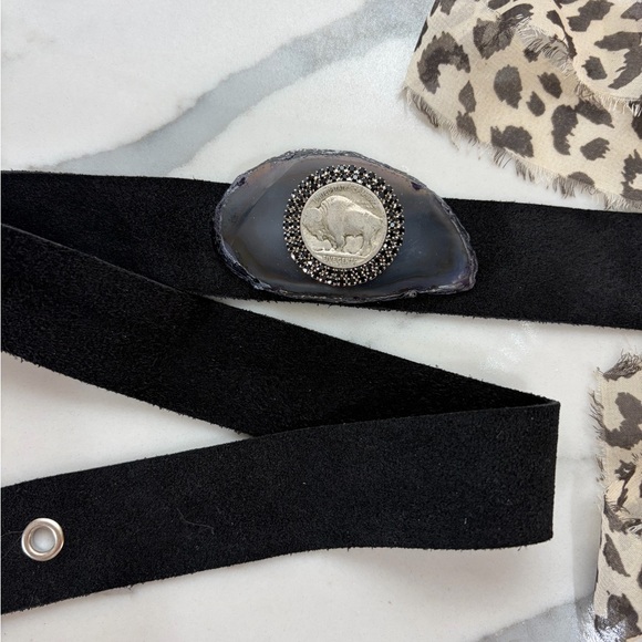 Black Italian Suede, Agate Crystal Hat Band with rhinestone buffalo coin - Picture 4 of 9